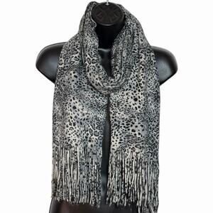 ANIMAL PRINT FRINGED WINTER SWEATER SCARF GRAY BLACK LEOPARD CHEETAH BY HANNAH